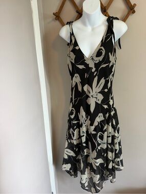 Miss B Black Beige Floral Asymmetric Handkerchief Hem Tie Strap Dress Large